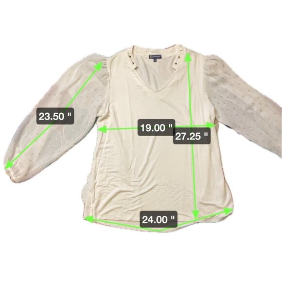 Democracy White Three Quarter Blouson Sleeve Wide V Neck Top SZ Large - Picture 7 of 7